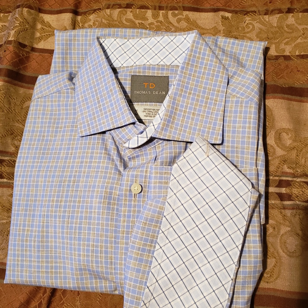 Thomas Dean Mens M Blue & Gray Button Down Shirt
